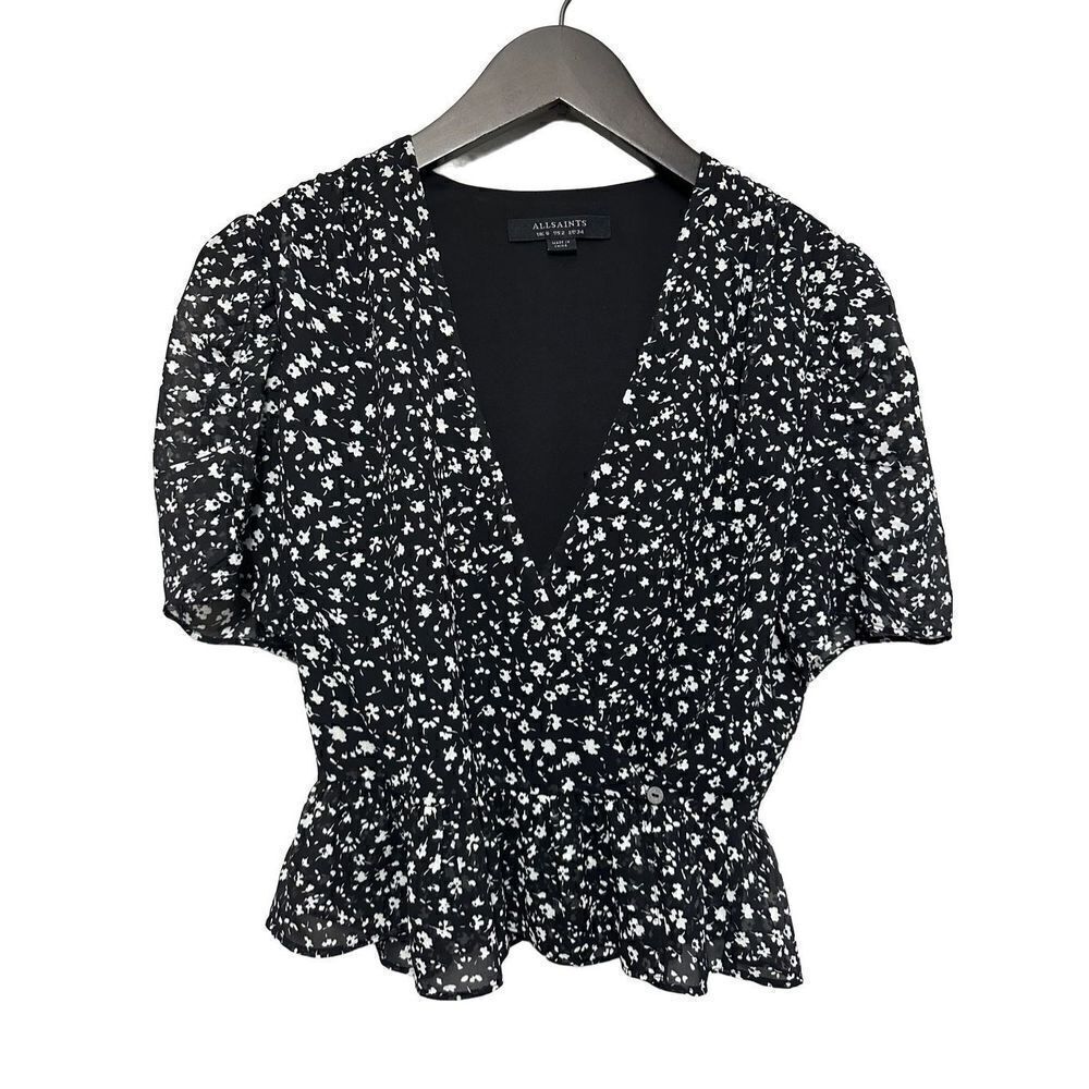 Allsaints Black Floral Surplice Ilia Pippa Wrap Top size 2